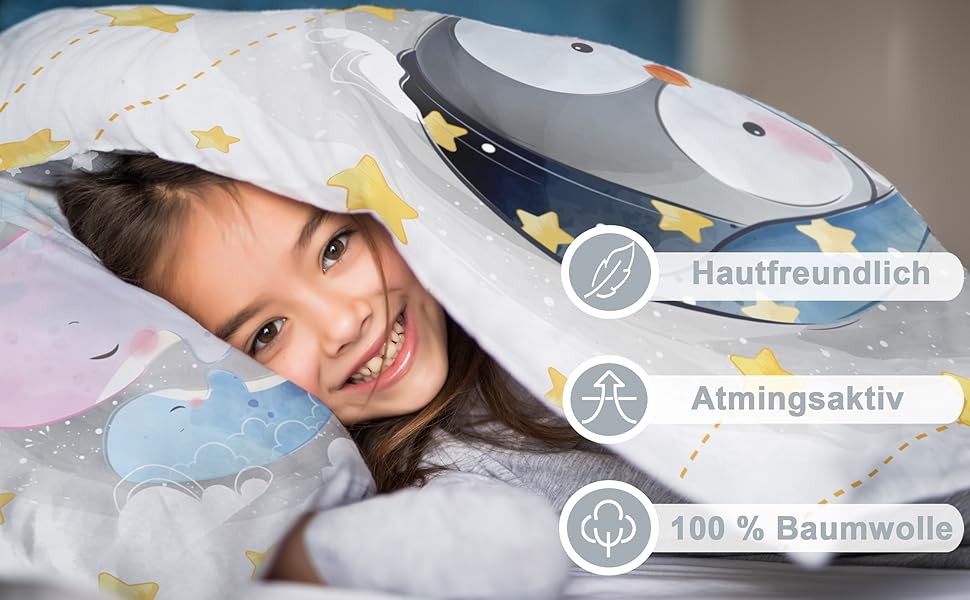 Дитяча постільна білизна CLEAVEN 100x135 см | 100% бавовна, м'яка та дихаюча | Для комфортного сну | Змінний малюнок пінгвіна | CLEAVEN Pinguin 006