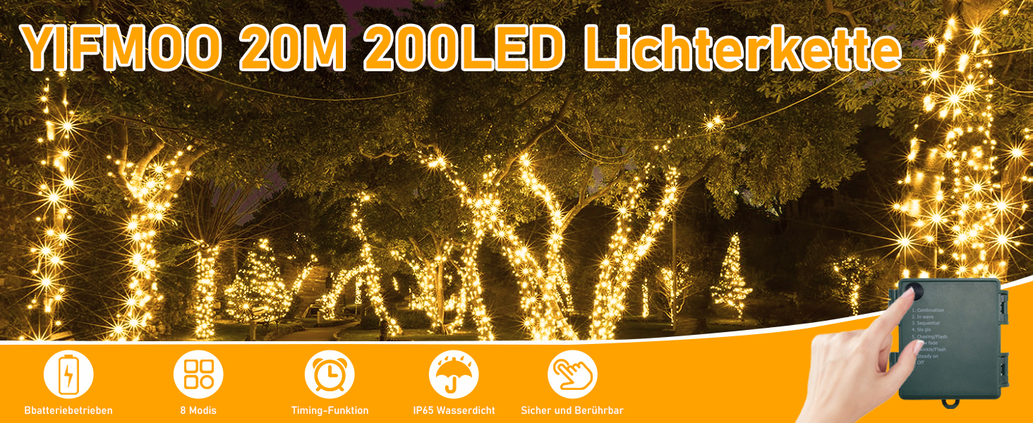 Гірлянда світлодіодна святкова, 30м, 300 LED, з таймером, 8 режимів, водонепроникна, зелений кабель, тепле біле світло, для декору, вечірок, саду, на різдво