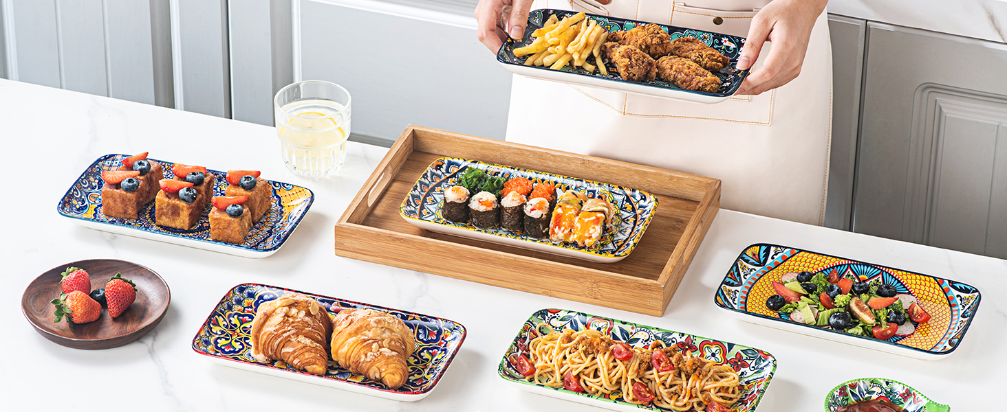 Сервіровочні тарілки HENXFEN з порцеляни, 10 дюймів, набір прямокутних тарілок для салату, закусок, сашимі, богемний квітковий дизайн у 6 яскравих кольорах