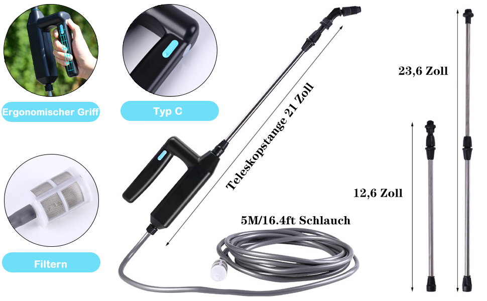 DOUBFIVSY Electric Pressure Sprayer, Plant Sprayer Garden Sprayer Spray Lance with 3 Nozzles and 5m Hose, Rechargeable USB, Spraying Device for Plant Protection for Garden Weeding (7.2V Spray Lance)