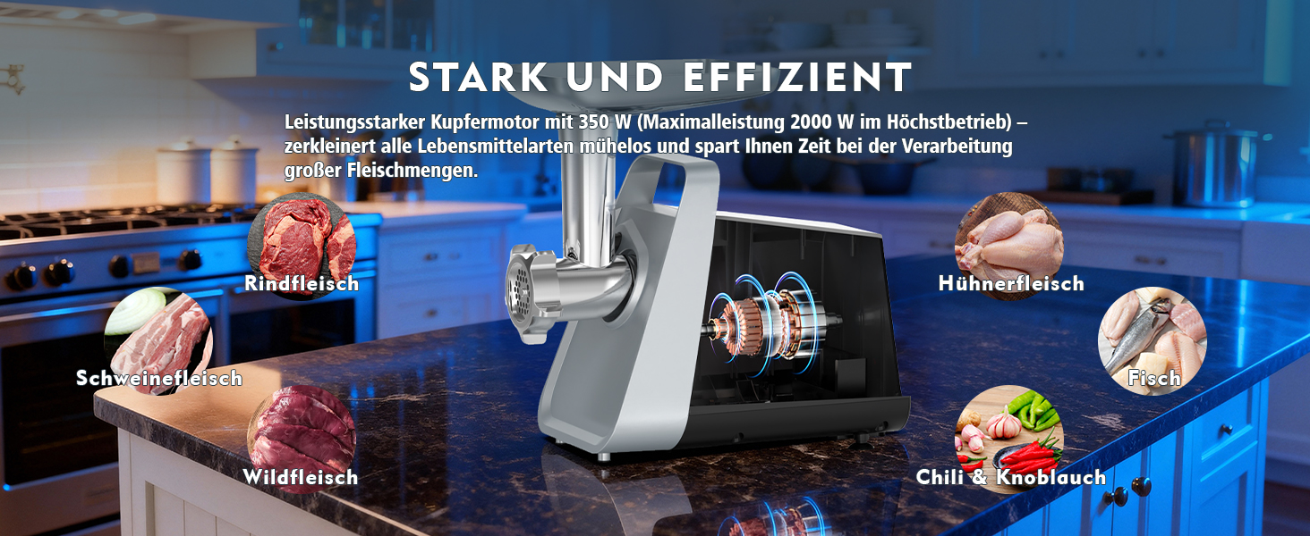 М'ясорубка електрична CHEFFANO 2000W з насадками для ковбас та кубебе, нержавіюча сталь, чорна