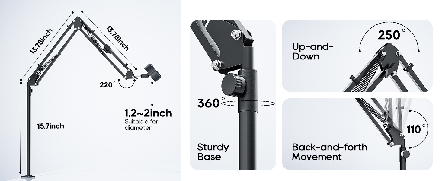 Кріплення для мікрофона Boom Arm, 360° обертання, з кріпленням на стіл, регульований, з адаптером 3/8''-5/8'', для стрімінгу, геймінгу, подкастингу, 15 дюймів, (M05)