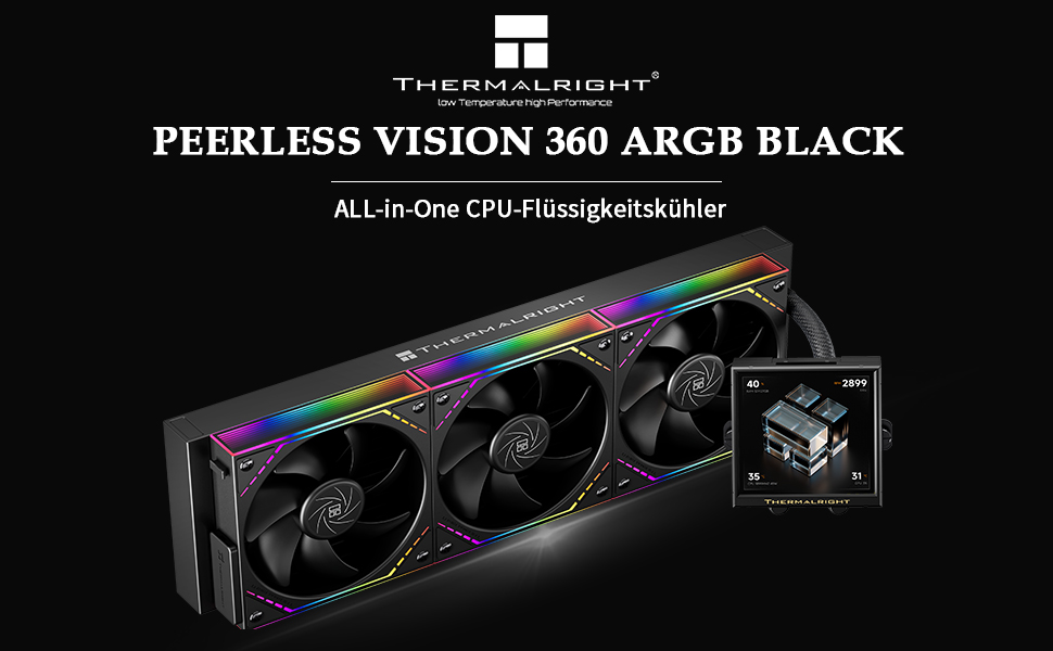 Система рідинного охолодження процесора TR Peerless Vision 360 ARGB Black, 3 PWM вентилятори, LCD-дисплей 3.95