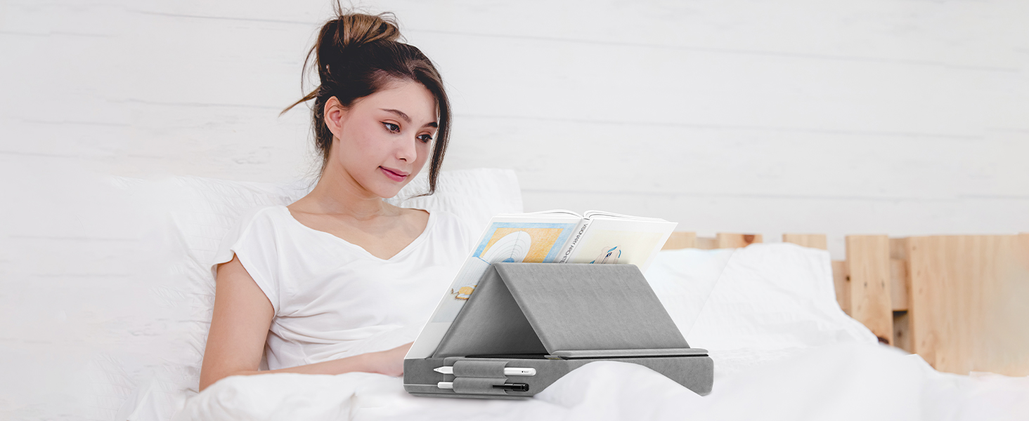 Подушка-підставка для планшета та книг KDD, складна тримач для iPad Pro 12.9, 11, Air, Mini та смартфонів, з регульованим кутом нахилу та тримачем для олівця, сіра