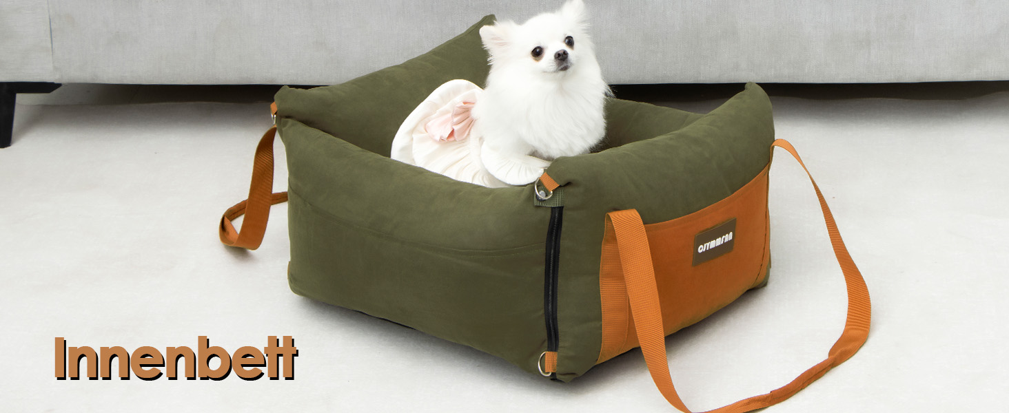 Small & Medium Dog Car Seat - Portable Pet Carrier with Extendable Bed, Washable Travel Dog Bed with Storage Pockets & Safety Belt - Green