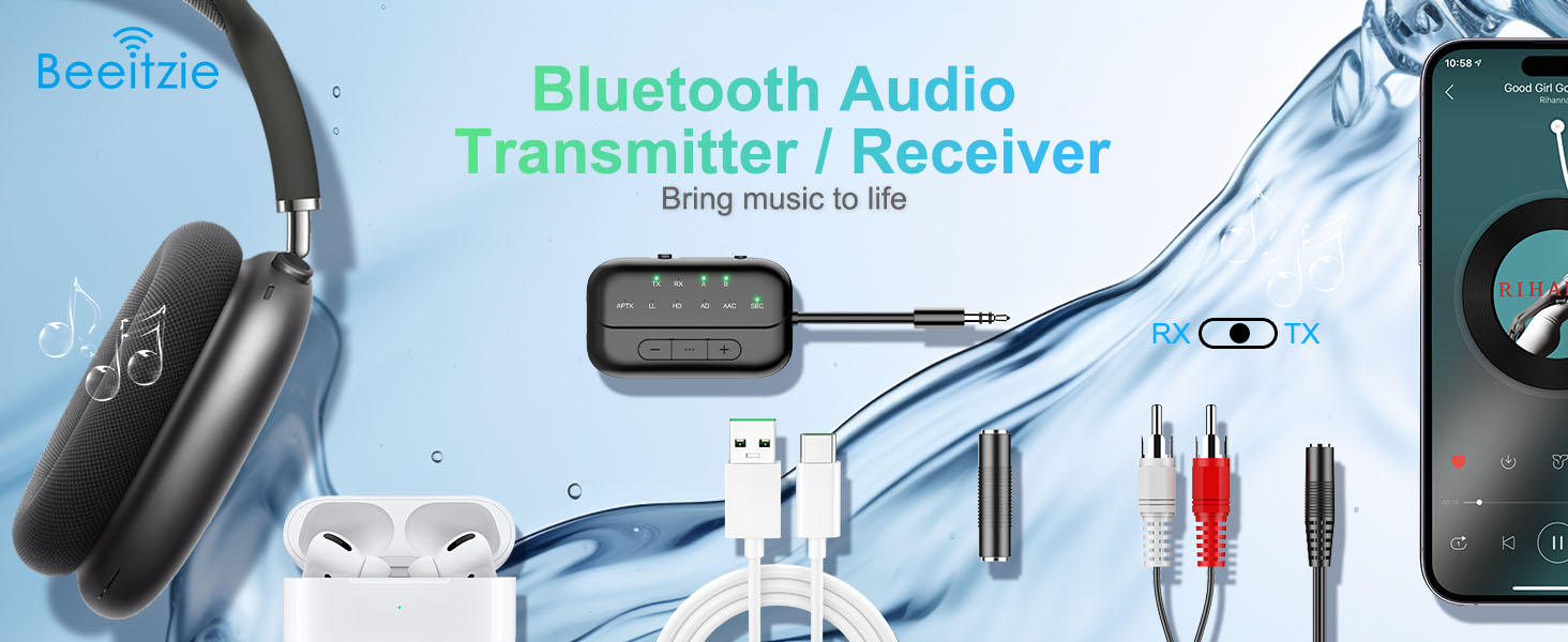 Bluetooth 5.4 адаптер 2-в-1 (передавач та приймач) Pro 2026, бездротовий аудіо-адаптер для ТБ, ПК, авто та Nintendo Switch, підтримка 2-х навушників, AUX, чорний
