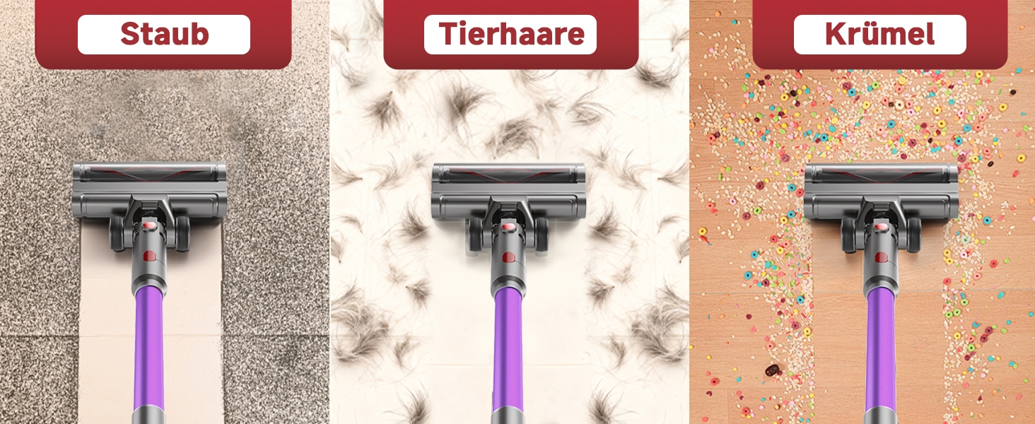 Бездротовий пилосос Hearten 4-в-1 з акумулятором, LED-дисплеєм та щіткою проти намотування, керуванням в один дотик, LED-підсвічуванням для шерсті тварин/килимів/твердих підлог, фіолетовий