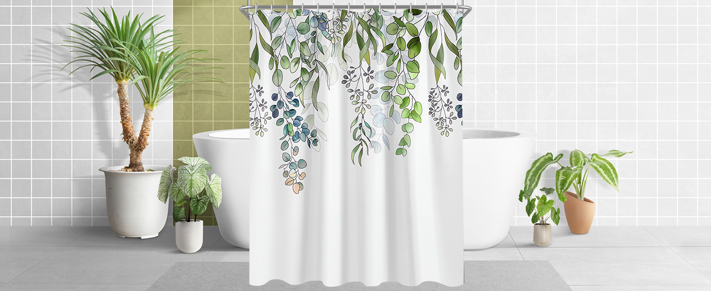 Штора для душу 300x200 см, зелені листки, антигрибкова, текстильна, з обтяженим краєм, водовідштовхувальна, поліестер, з кільцями та 16 гачками для ванної кімнати