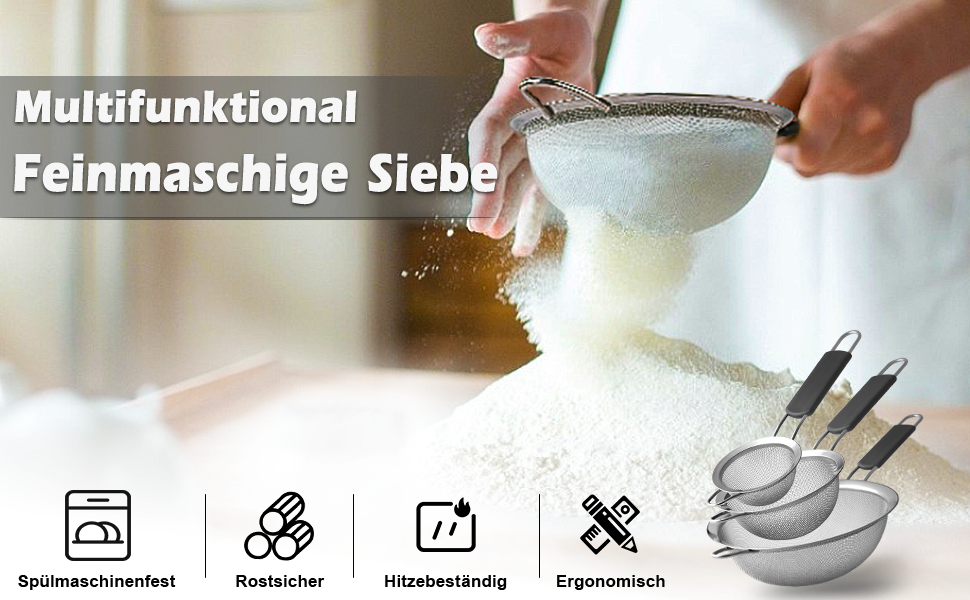 Набір сит кухонних, 3 шт. (8, 16, 18 см), нержавіюча сталь. Сито для борошна, макаронів, кіноа з неслизькими, ізольованими ручками. Набір сит з дрібною сіткою з пластиковою ручкою