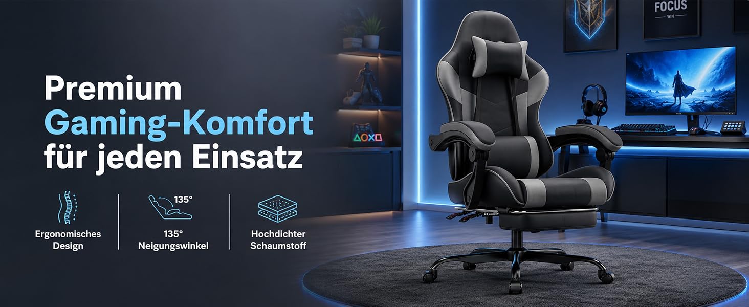 Ігрове крісло Gamer з підставкою для ніг та підголівником, ергономічний геймерський стілець з підтримкою попереку, витримує до 200 кг (Чорно-біле)