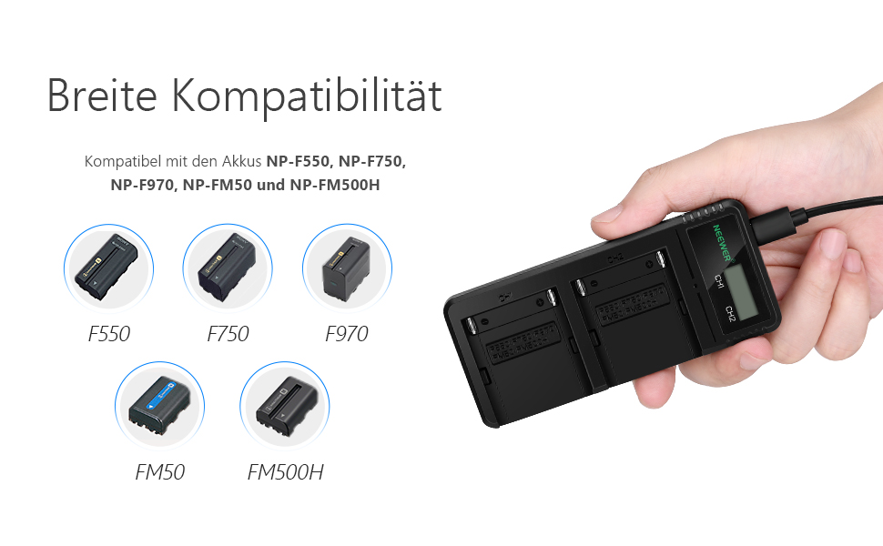 Зарядний пристрій NEEWER Dual USB для акумуляторів Sony NP-F серії (F970, F960, F950, F930, F770, F750, F570, F550) з LCD-дисплеєм, швидка зарядка, 2 канали