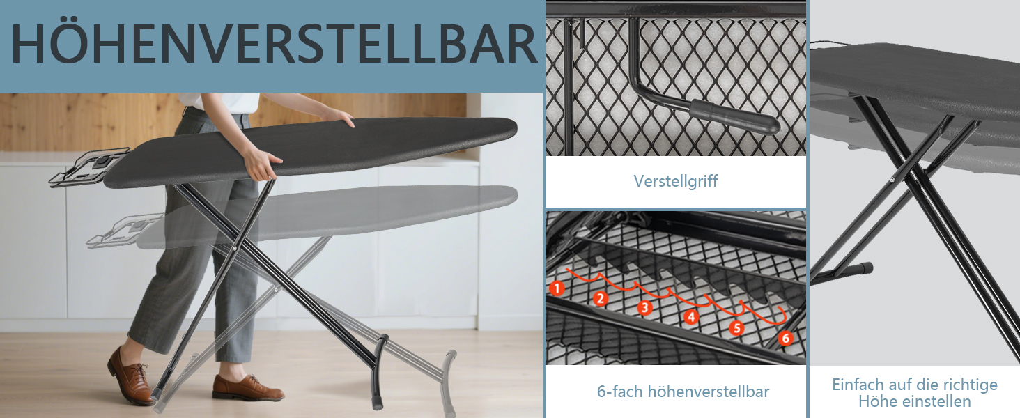 Відкидна прасувальна дошка з підставкою для праски, регульована по висоті, з неслизькими ніжками, компактна, чорна (122 x 38 см)