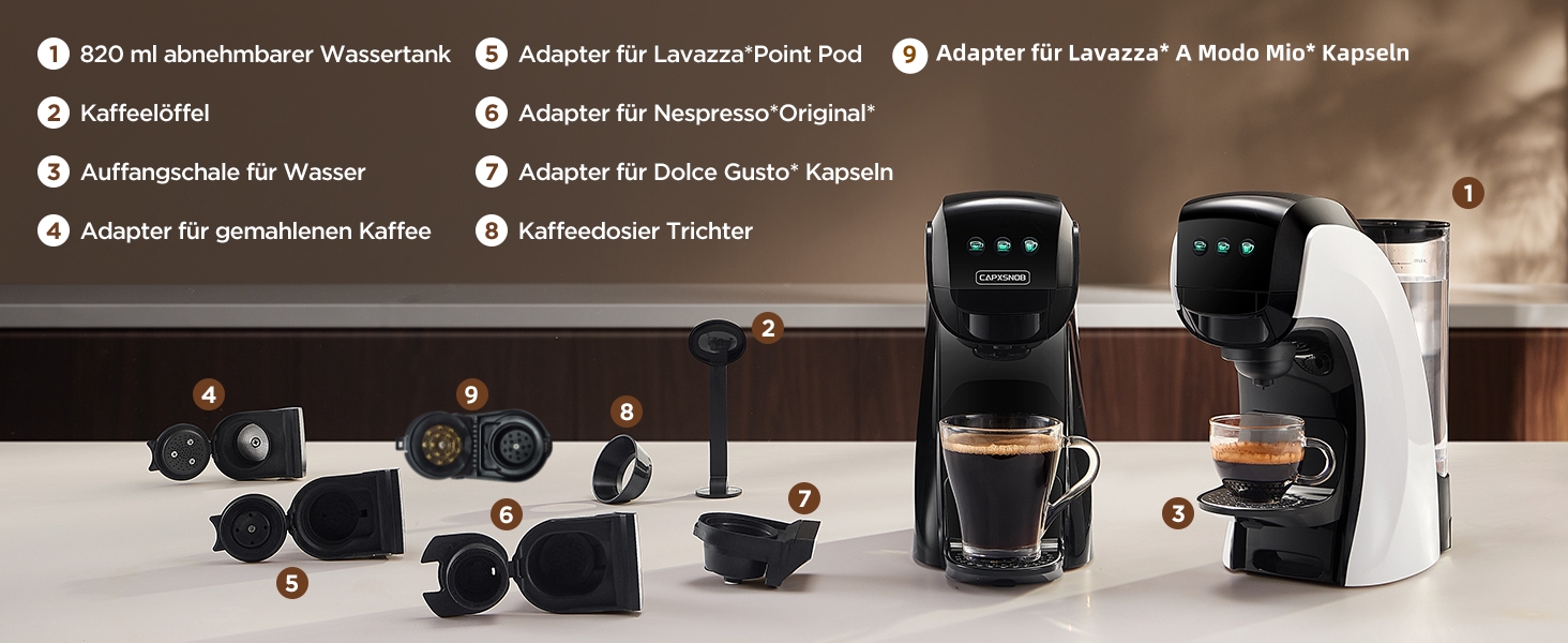 Кавомашина 5-в-1 Warriors1 для Nespresso, Dolce Gusto, Lavazza A Modo Mio, Espresso Point та кавової гущі, 20 bar, 0.8 л, автоматична, для дому та офісу, чорна
