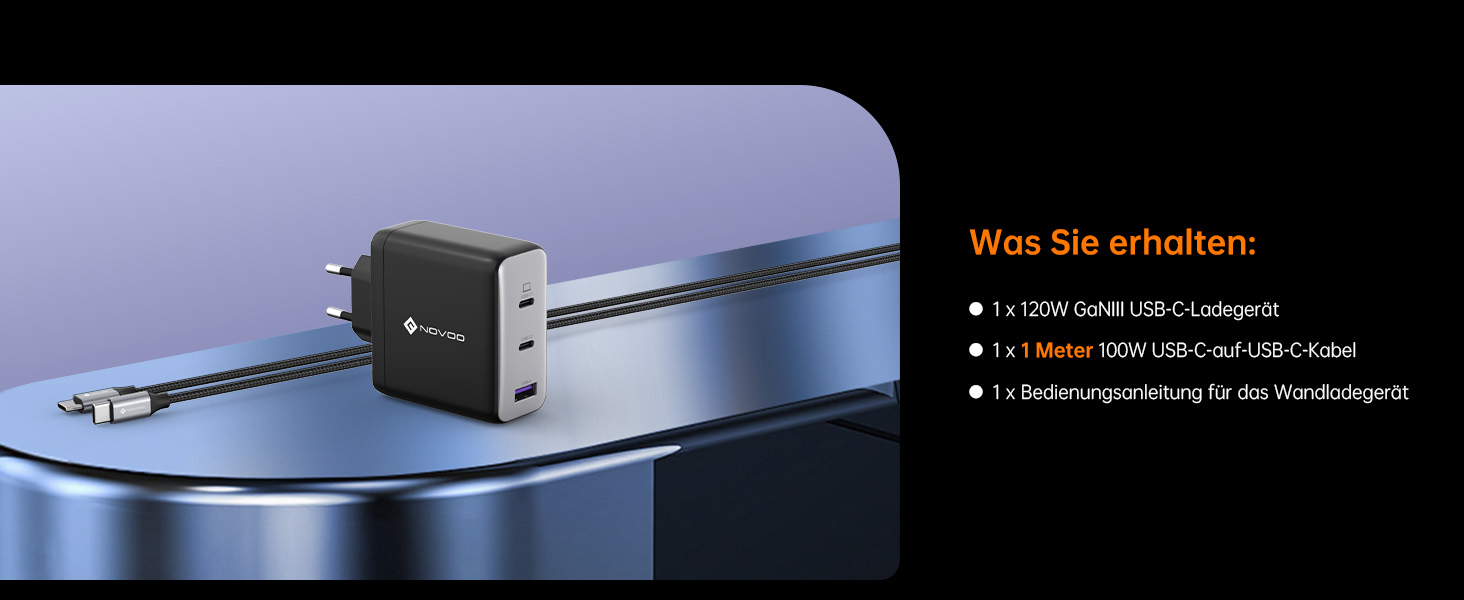 Зарядний пристрій USB-C 120W NOVOO GaN III 3 порти, кабель USB-C PD 100W, для MacBook Pro 14