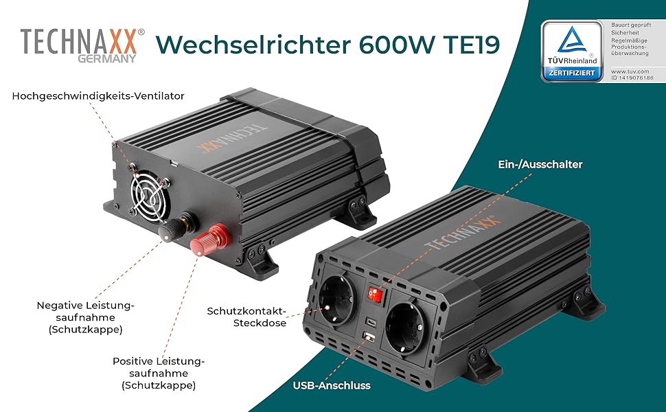 Автомобільний інвертор Technaxx TE19 12V–230V, 600Вт, 2x Schuko, 2x USB, сертифікований TÜV Rheinland