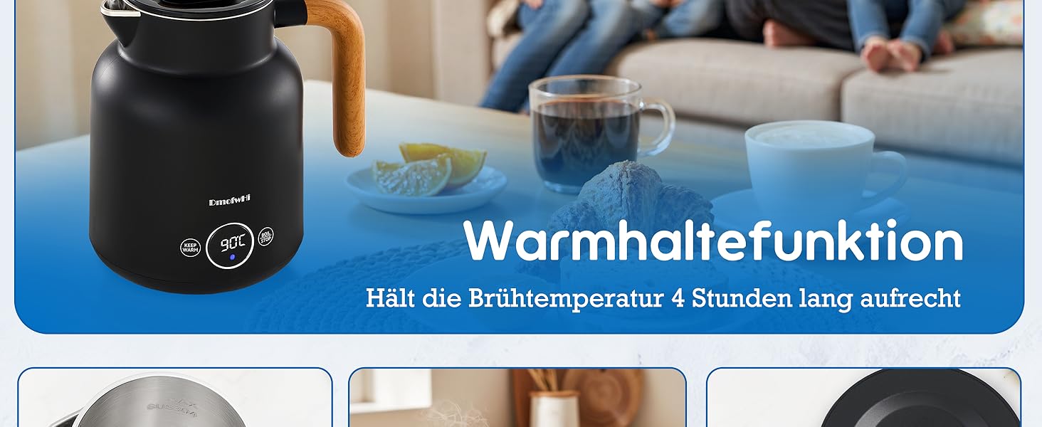 Електричний чайник з регулюванням температури DmofwHi, 1.0л, 1000W, з LED-індикатором, подвійні стінки, без BPA, автоматичне вимкнення та захист від сухого кип'яття (чорний)