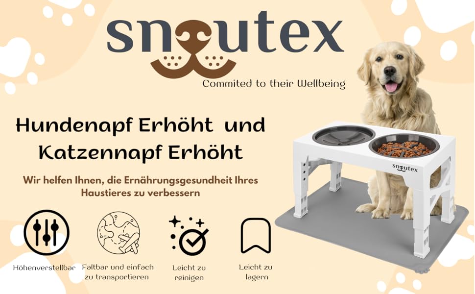 Підвищена годівниця для собак SNOUTEX - миска для корму та води з нержавіючої сталі без облизування, 5 рівнів висоти, для собак всіх розмірів, з підкладкою, білий набір