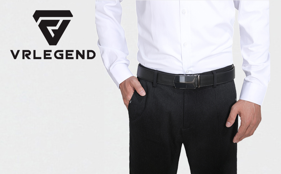 Чоловічий шкіряний ремінь VRLEGEND з автоматичною пряжкою, без дірок, для ділового костюма, розмір регулюється, з подарунковою коробкою, чорний (52W-56W, 160см)