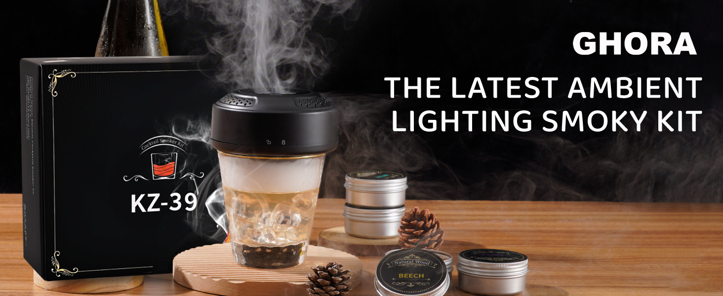 Електричний набір для копчення віскі, коктейльний дим-сет - 6 видів деревини, RGB підсвітка, безполум'яний димогенератор для коктейлів та їжі, подарунок для чоловіків