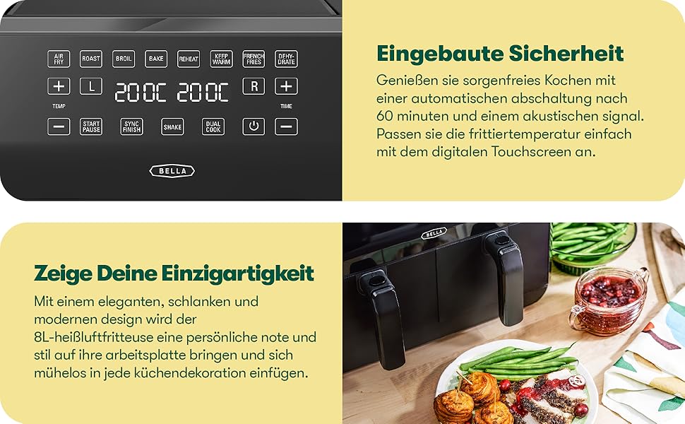 Фритюрниця аерофритюрниця Bella 8L з двома кошиками, сенсорним екраном, 8 функціями, регулюванням температури, таймером, антипригарним покриттям, 1700W, чорна