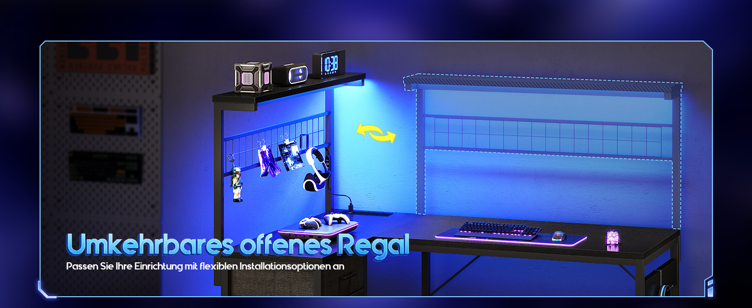 Ігровий стіл Coleshome з LED підсвічуванням, 130 x 100 см. Реверсивний стіл з шухлядами та розетками, кутовий стіл з полицею та місцем для зберігання, чорний