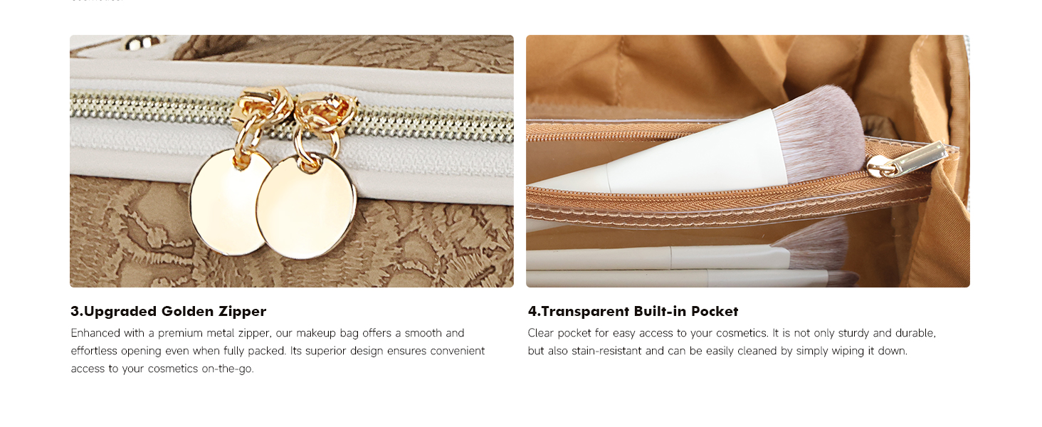 Косметичка велика містка для подорожей, водонепроникна з PU-шкіри, з прозорими перегородками та ручкою (M, Коричнева квітка)