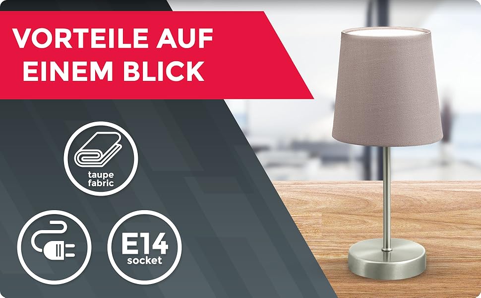 Вінтажна настільна лампа B.K.Licht з абажуром з тканини, 33x20 см (Taupe)