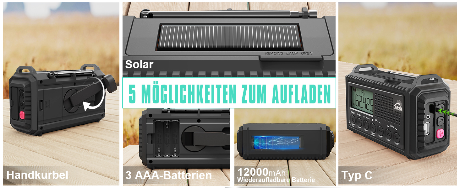 Радіо на сонячній батареї та з ручним генератором | Powerbank 12000mAh, AM/FM/SW, SOS, USB-C, IPX4, ліхтарик, для кемпінгу та відпочинку на природі (чорний)