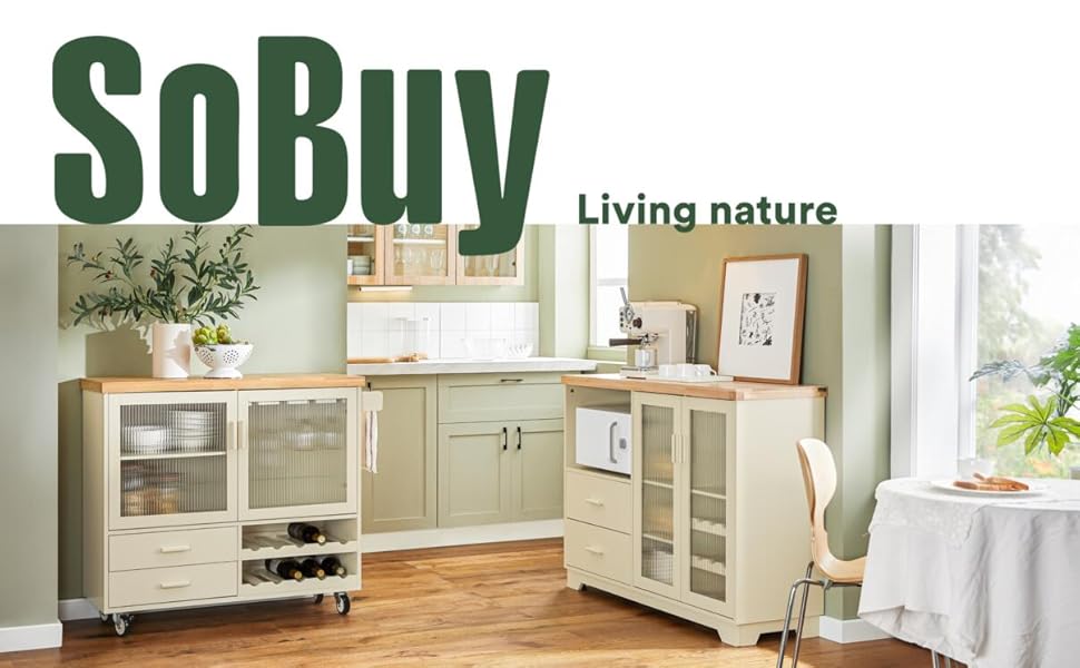 Кухонний острівець SoBuy на коліщатках з 2 скляними дверцятами, кухонний візок з робочою поверхнею, зелений (109x92x40 см)