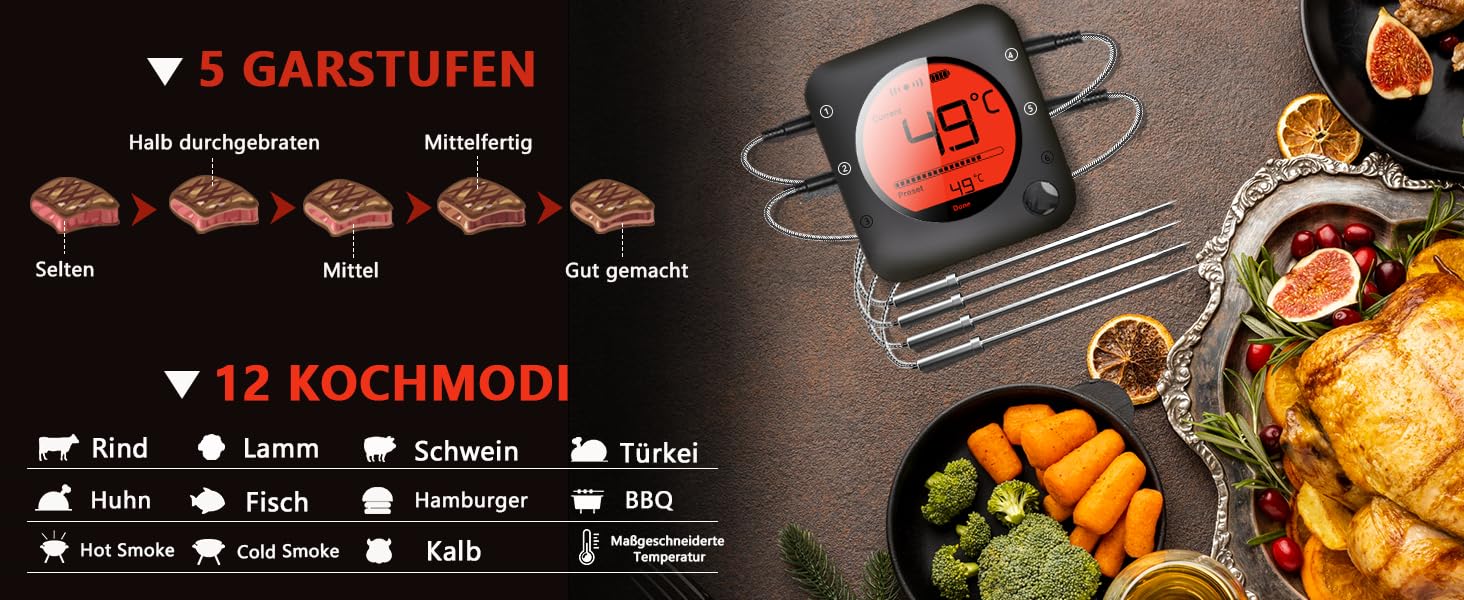 Бездротовий Bluetooth термометр для гриля BFOUR 100м з 4 нержавіючими зондами, великим LCD-дисплеєм, для м'яса, гриля, коптильні, духовки та BBQ
