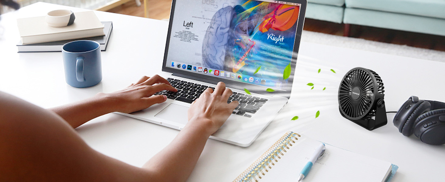 USB Настільний вентилятор TriPole: 3 швидкості, регульований, потужний, 360° обертання, кабель 1,5 м, чорний