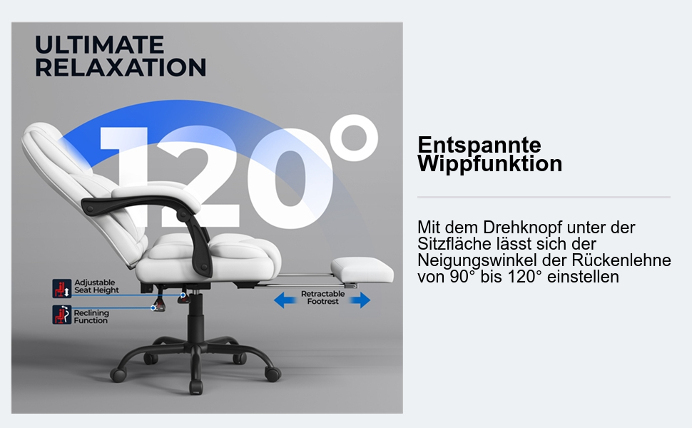Ергономічне крісло Yaheetech для офісу, шезлонг з підставкою для ніг, комп'ютерне крісло з регульованими підлокітниками, висока спинка, регульована висота (Білий)