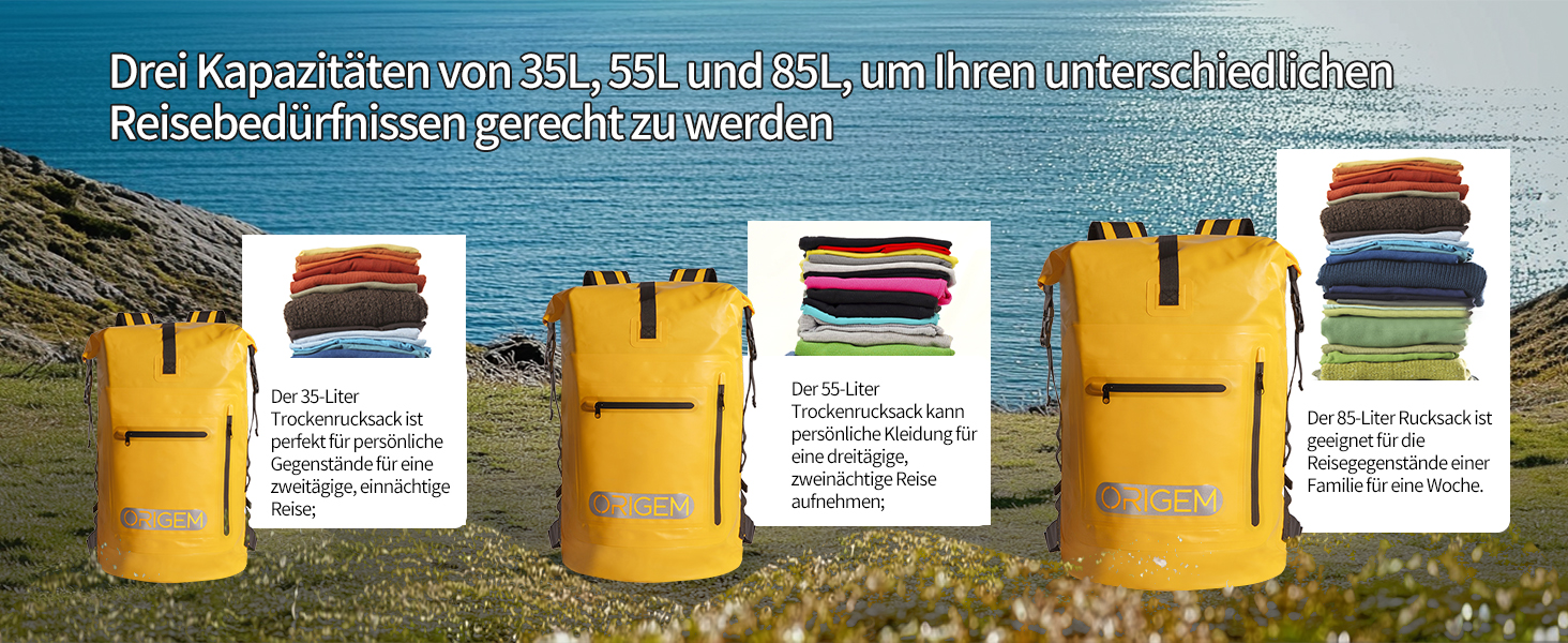 Водонепроникний рюкзак Origem Rolltop 35/55/85 л з відсіком для ноутбука, сухий мішок для каякінгу, риболовлі, рафтингу, дайвінгу та щоденного використання