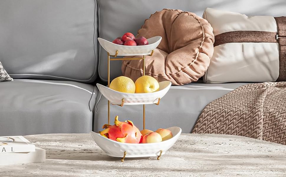 Трьох'ярусна фруктова тарілка Acliys з кераміки (золото) – для зберігання фруктів, овочів, снеків та десертів