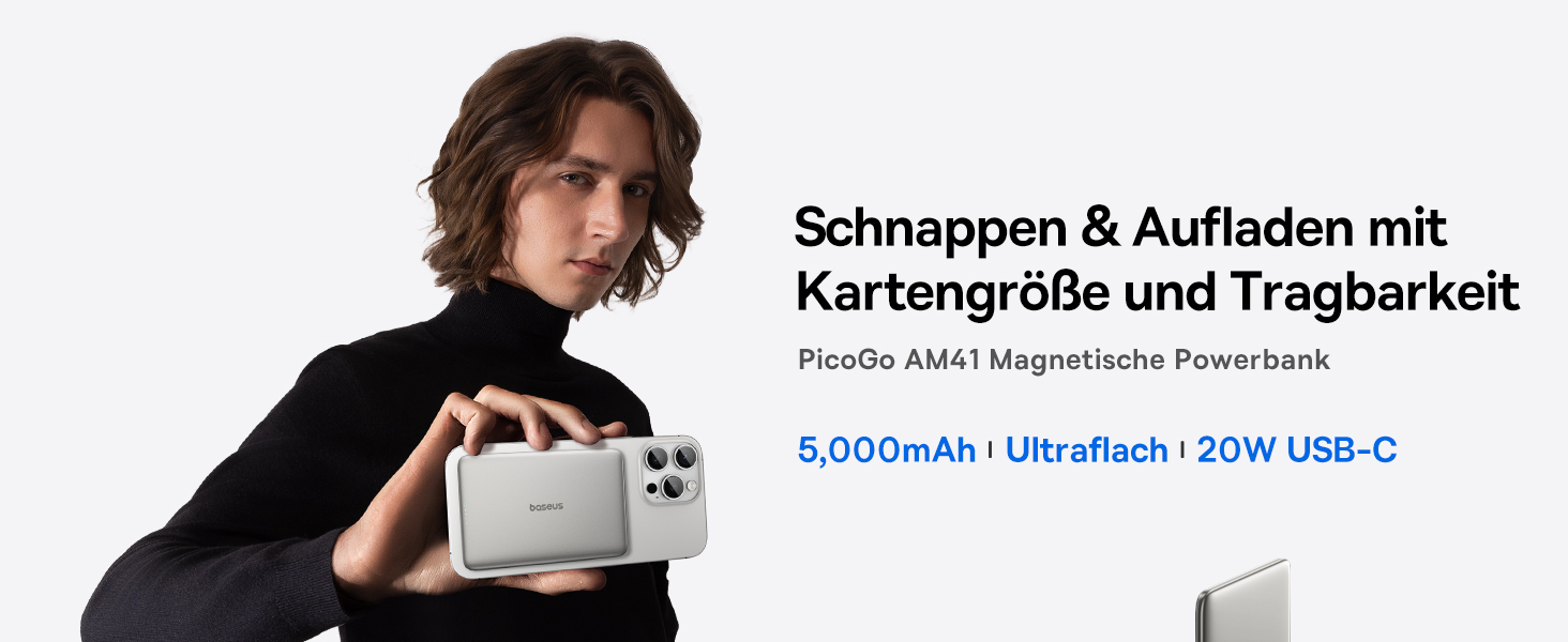 Power Bank Baseus Picogo AM41: Тонкий Magsafe Powerbank, PD 20W, 5000mAh, USB-C, для iPhone 17/16/15/14/13/12 (Titan)