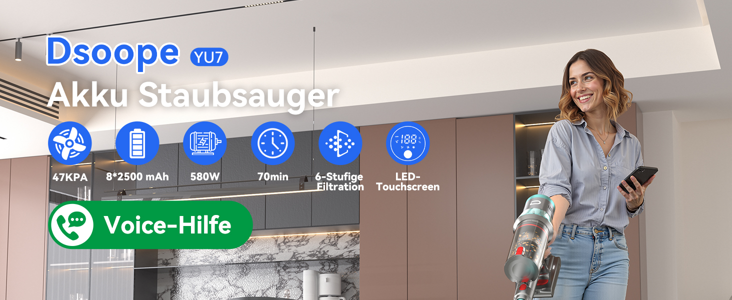 Бездротовий акумуляторний пилосос YU7 580W з потужністю всмоктування 47000Pa, час роботи до 70 хвилин, сенсорний екран, для килимів, шерсті тварин, твердих поверхонь