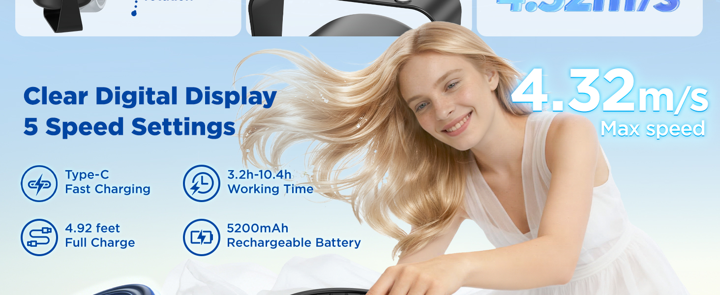 Вентилятор EasyAcc 5200mAh портативний акумуляторний з LED-дисплеєм, 100 швидкостей, для кемпінгу, подорожей та офісу - Чорний