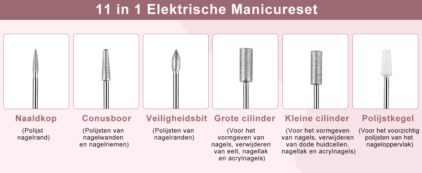 Електрична машинка для манікюру Urbuti 11 в 1, 35000 об/хв, USB, рожева. Набір для професійного манікюру з фрезерами для гелю та лаку