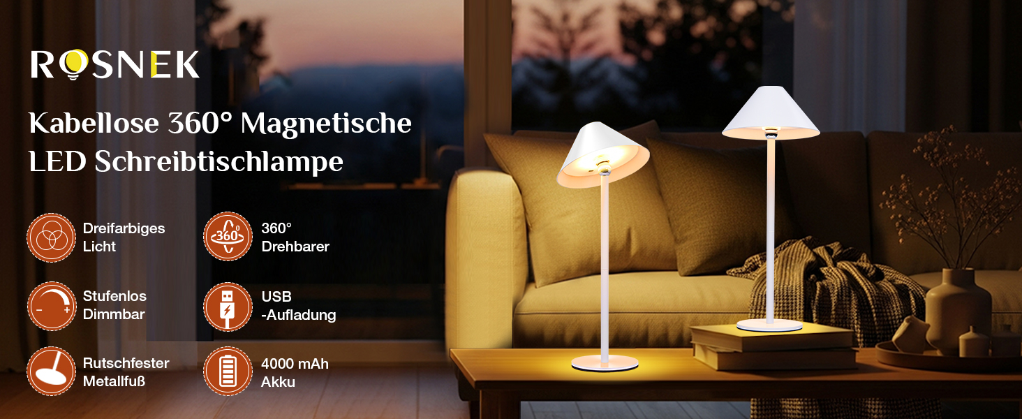 Світлодіодний акумуляторний настільний світильник Rosnek з магнітним кріпленням, димуванням, 3 режими кольору, 4000 mAh, для дому та вулиці (2 в упаковці, білий)