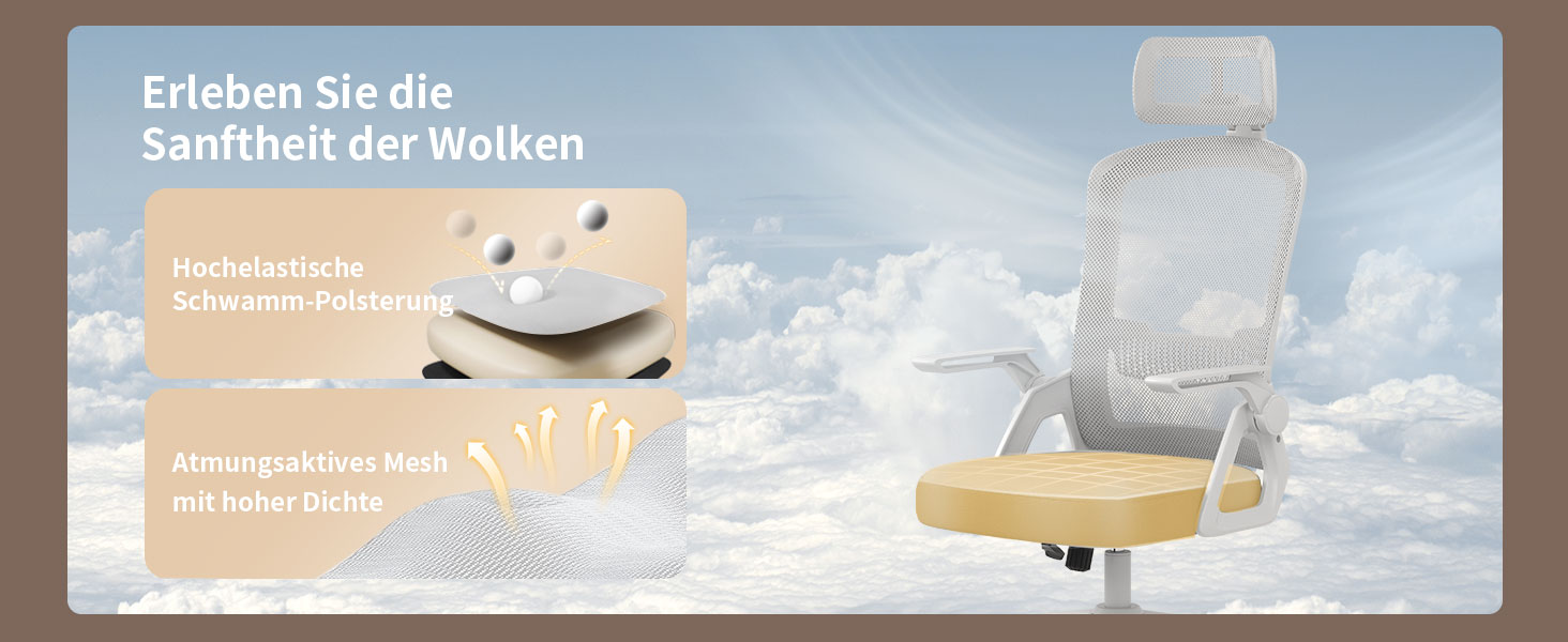 Офісний крісло Naspiro Ergonomic, регульована висота, поворотне, з дихаючою спинкою з сітки, відкидні підлокітники на 90°, підтримка попереку, щільна піна, для дому/офісу (Сірий-1, з підголовником)