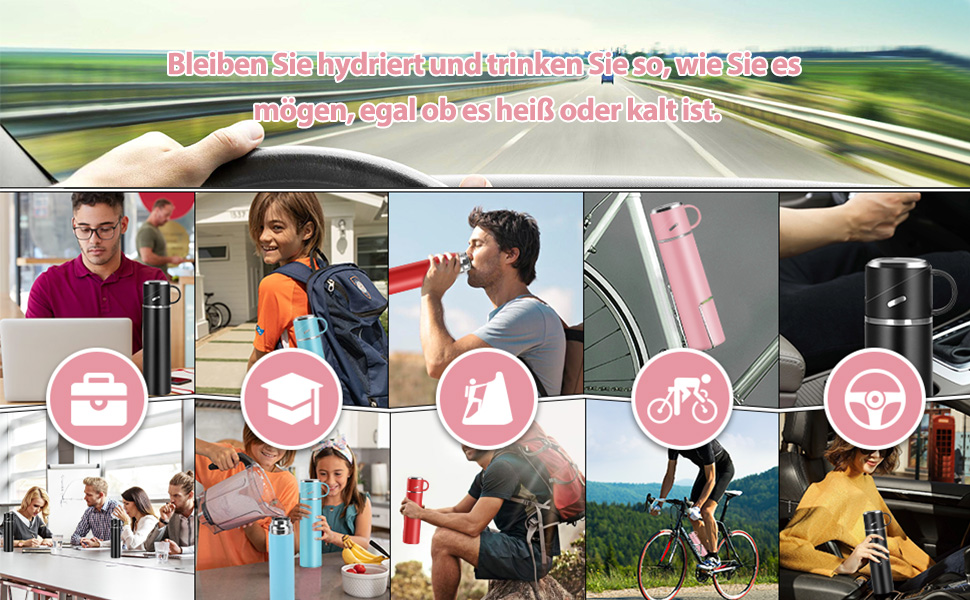 Термос IAGORYUE з нержавіючої сталі, 0.55л, з ізоляцією та кришкою без витоку, з ручкою. Подвійні стінки, зберігає температуру 12 годин. Для спорту, офісу, відпочинку на природі (Рожевий)