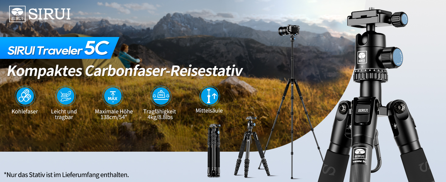 Штатив SIRUI Traveler 5C з вуглецевого волокна для камери | Висота 1380 мм | Вага 0.85 кг | З кульковою головкою & Arca Swiss | Макс. навантаження 4 кг | Компактний 33 см