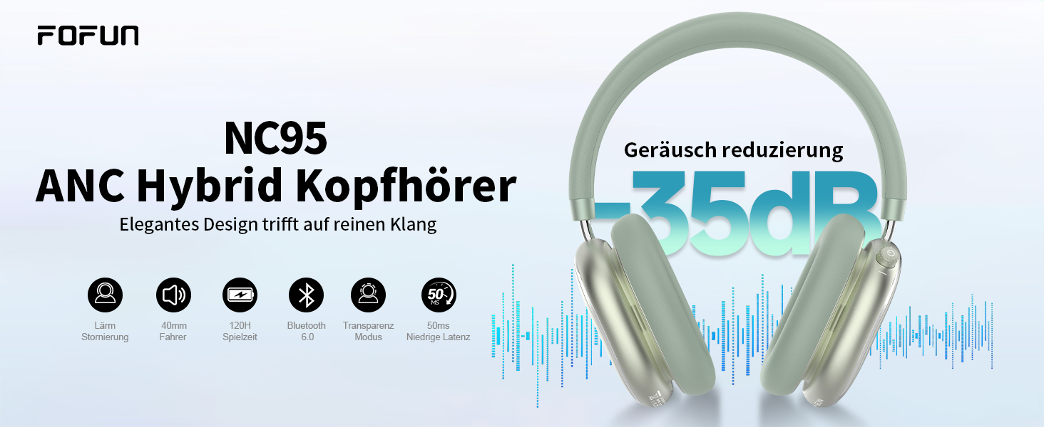 Навушники бездротові Bluetooth 6.0 NC95 з шумозаглушенням, поворотним регулятором, 120+ годин роботи, EQ налаштування через додаток, зелені для подорожей та спорту