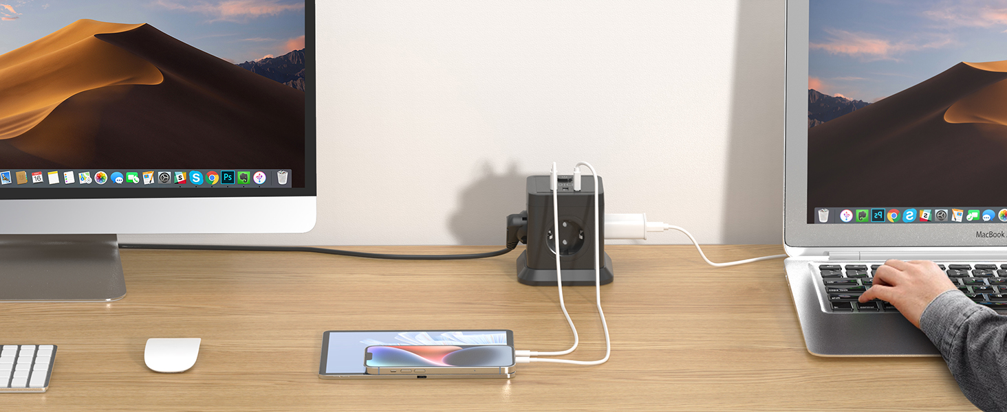 Багатофункціональний мережевий адаптер FDTEK 7-в-1 з USB-C та USB-A, 4 розетки, 2500W/10A, куб з вимикачем, кабель 1.8м, чорний