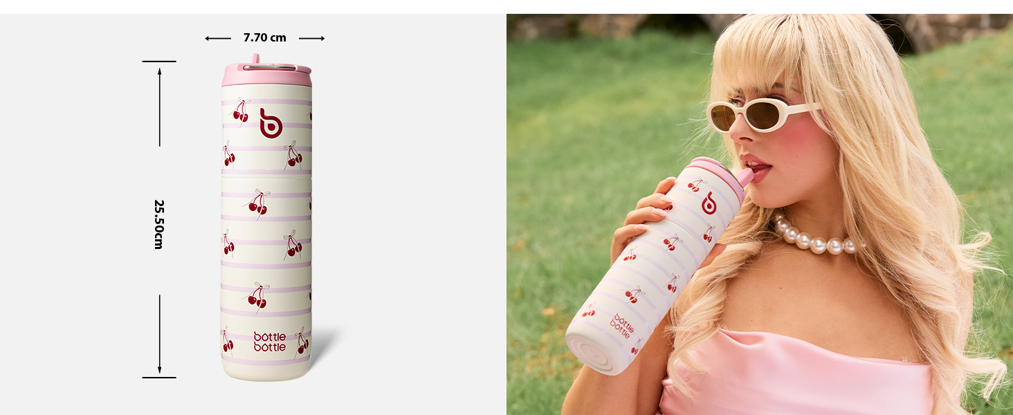 Пляшка для води BOTTLE BOTTLE 750 мл з соломинкою, кришкою та ручкою - не протікає, BPA-free, подвійні стінки, рожева. Ідеальна для спорту, подорожей та фітнесу.