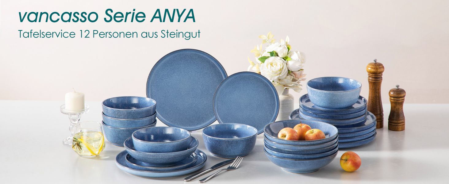 Набір посуду Steingut vancasso ANYA (48 предметів) - 6 осіб, сучасний сервіз з тарілок, салатників та супових тарілок, блакитний колір, для миття в посудомийній машині та розігріву в мікрохвильовці