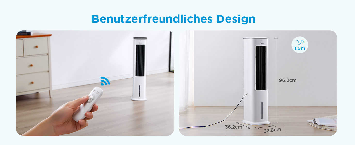 Midea 4-in-1 Portable Air Conditioner, Tower Fan with Water Cooling & Humidifier - Mobile Air Cooler with 5L Water Tank, 355m³/h Airflow, Ionizer, Remote Control (55W, White)