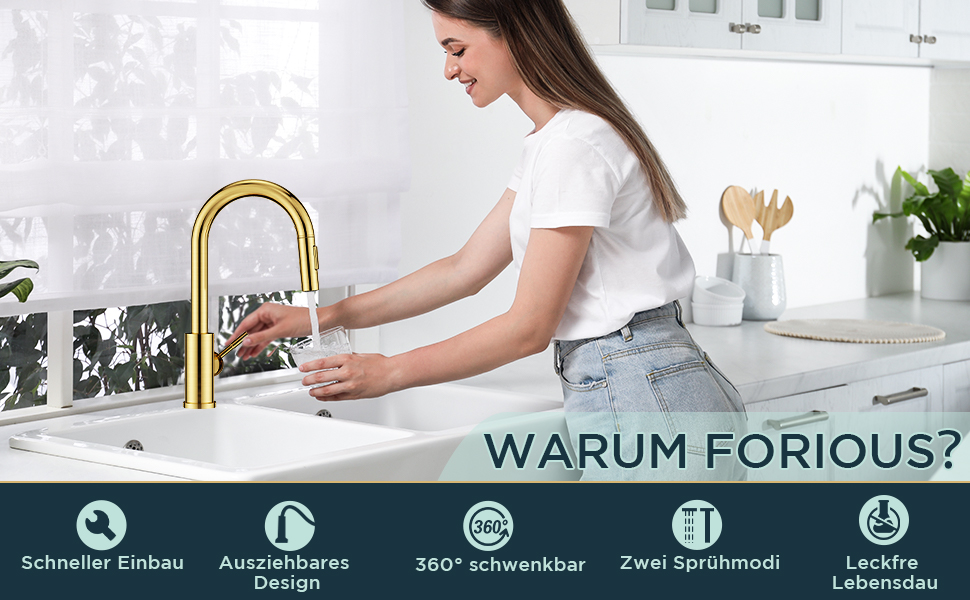 Кран кухонний FORIOUS, Чорний, з висувною лійкою, поворотний на 360°, з покриттям Gold