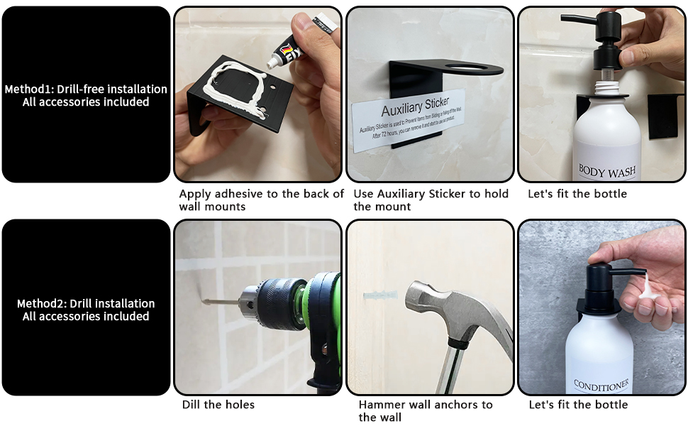 Набір диспенсерів для мила, шампуню та гелю для миття: 3 шт., 500 мл, без свердління, настінний монтаж, етикетки в комплекті, янтарний колір (чорна пляшка + біла помпа)