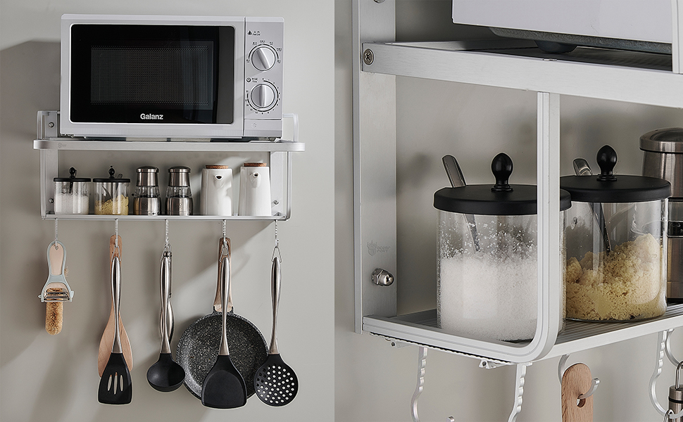 K-101 2-Layer Silver Aluminum Alloy Microwave Rack Oven Stand Kitchen Shelf Holder Wall Mount, Hanging with 10 Hooks